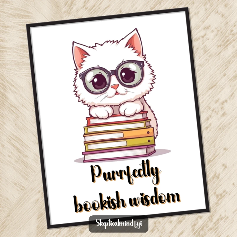 Funny Free Printable Wall Art: A fluffy white cat wearing comically large spectacles, peeking over a tower of books.