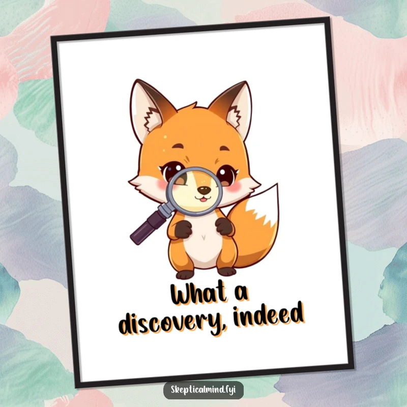 Funny Free Printable Wall Art: A curious fox character holds a magnifying glass to examine a tiny, softly glowing object. Intriguing downloadable art.
