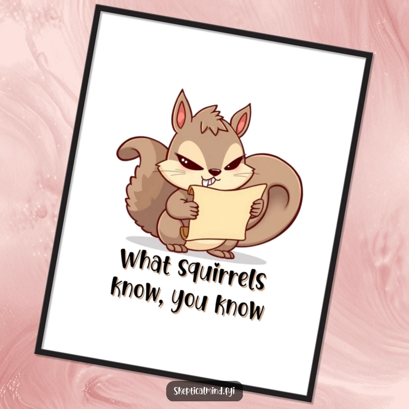 Funny Free Printable Wall Art of a mischievous squirrel with a sly grin holding a tiny scroll of secrets.
