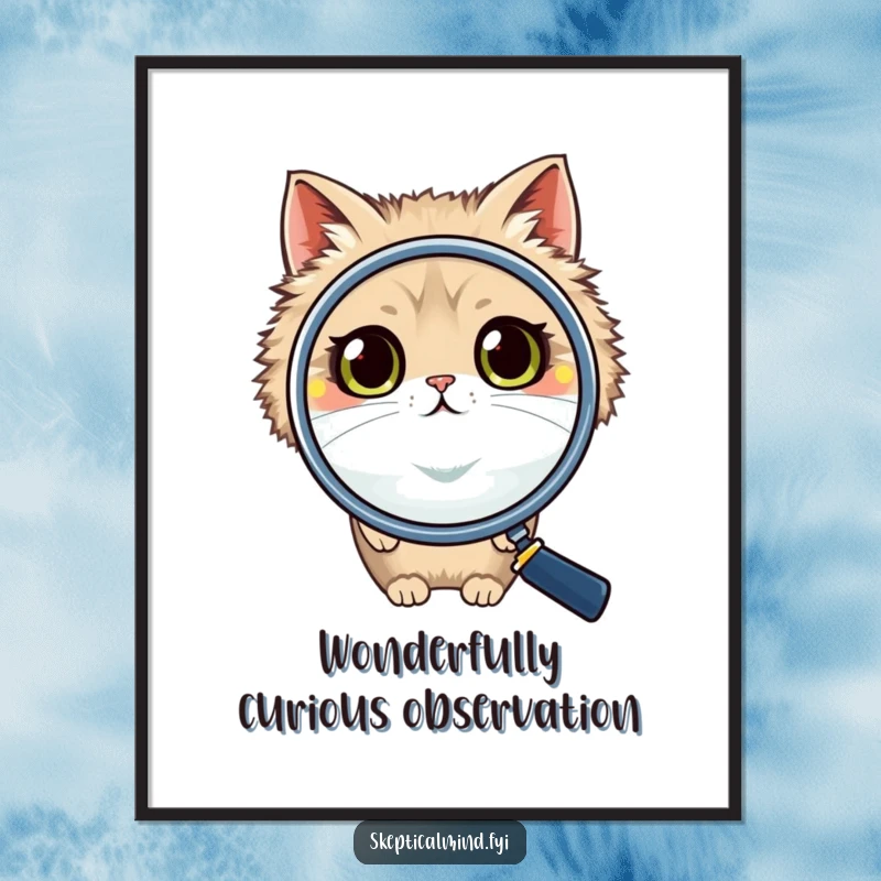 Funny Free Printable Wall Art: A fluffy cat with huge eyes peers inquisitively over a giant magnifying glass, a humorous decoration.