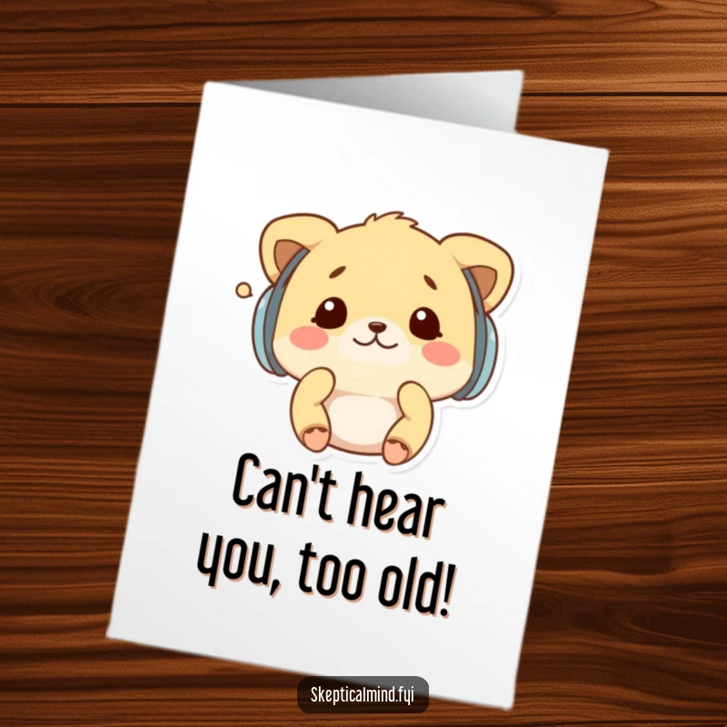 Funny Free Printable Birthday Card: Kawaii animal wearing earmuffs, shaking head from whispers, a humorous birthday surprise.
