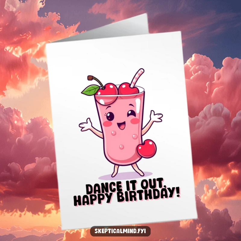 Funny Free Printable Birthday Card: Cheerful cherry smoothie character doing a playful dance, a lively and humorous downloadable greeting.