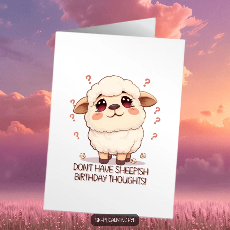 Funny Free Printable Birthday Card showing a fluffy sheep looking up with a furrowed brow, surrounded by tiny doubts.