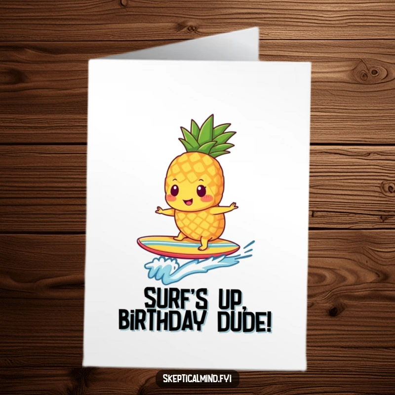 Funny Free Printable Birthday Card featuring a cheerful pineapple smoothie dude riding a surfboard with pure joy.