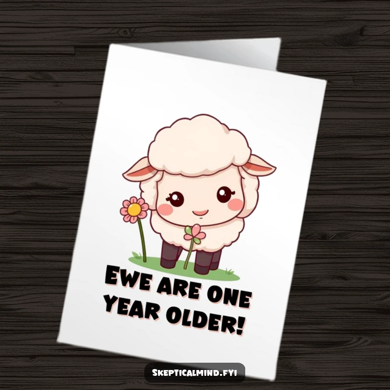 Funny Free Printable Birthday Card: A sheep with a funny, quizzical look sniffs a flower, offering a unique DIY greeting.