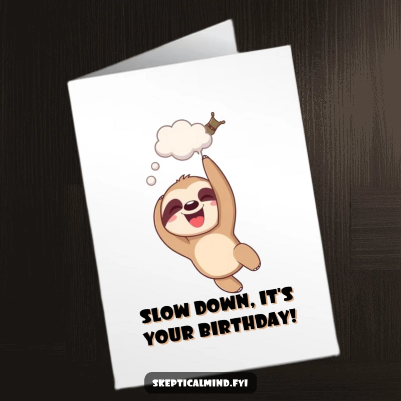 Funny Free Printable Birthday Card: A giggling sloth dangles upside down, a funny thought bubble floating above.
