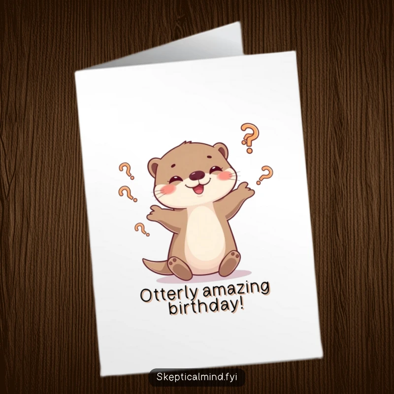 Funny Free Printable Birthday Card: Playful otter juggles tumbling question marks with a cheeky smirk.
