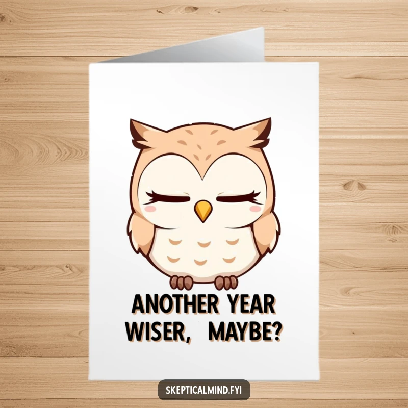 Funny Free Printable Birthday Card: Sleepy owl blinks slowly, head tilted quizzically, offering birthday wishes. A charming downloadable.