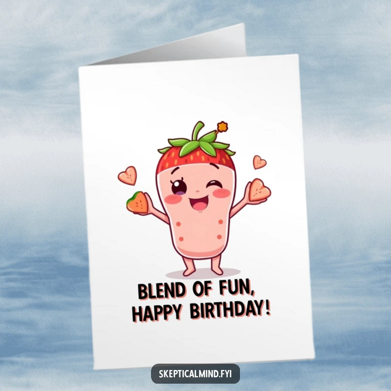 Funny Free Printable Birthday Card: Smiling strawberry smoothie character juggling three smaller fruit pieces, a truly sweet birthday wish.