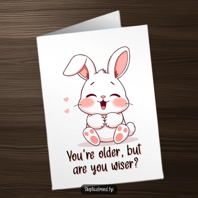 Funny Free Printable Birthday Card: Blushing bunny giggling shyly behind paws, super cute DIY gift.