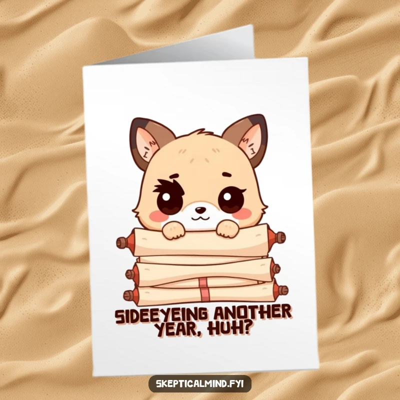 Funny Free Printable Birthday Card: Kawaii animal with raised eyebrow peeking over scrolls, looking quizzical.