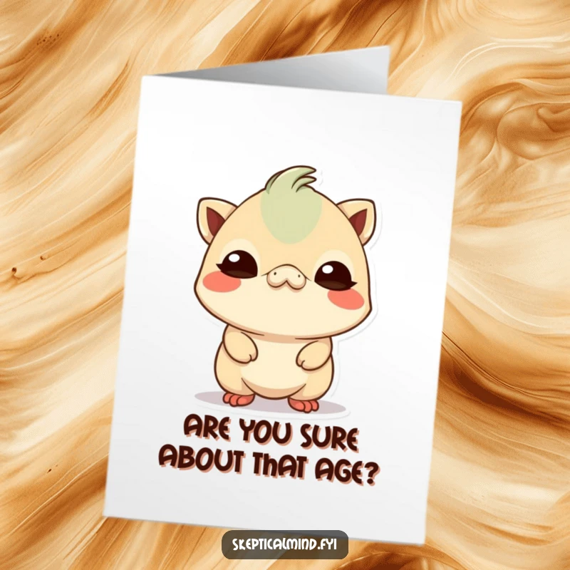 Funny Free Printable Birthday Card: Small Kawaii creature tilting head, looking comically skeptical, questioning the cake.