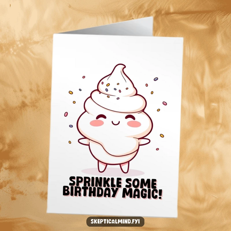 Funny Free Printable Birthday Card: A smiling sour cream character happily juggles a handful of colorful tiny sprinkles.