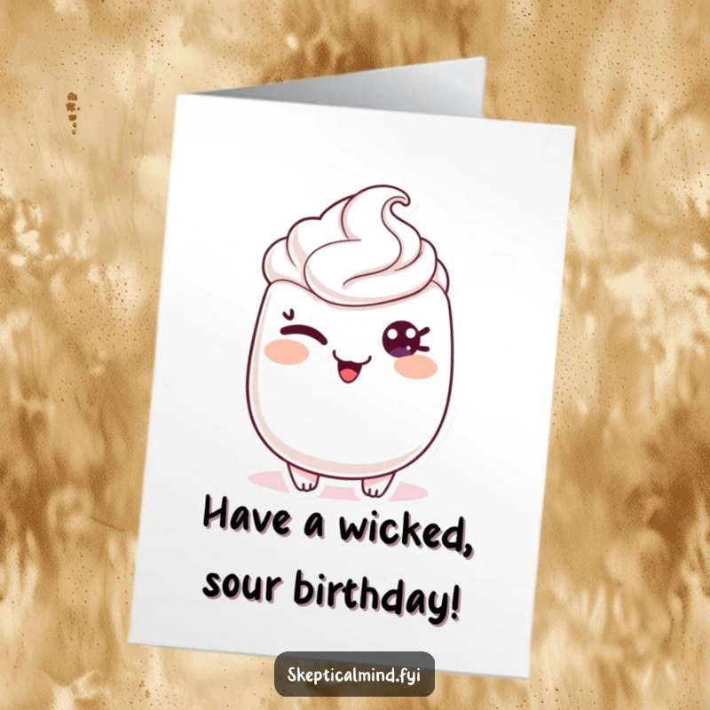 Funny Free Printable Birthday Card: A sour cream character gives a playful wink with a hint of mischievousness in its eye.