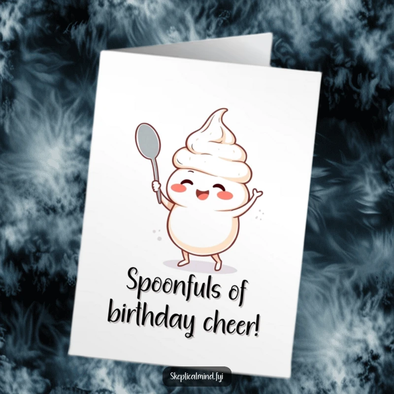 Funny Free Printable Birthday Card: Giggling sour cream character doing a silly dance with a spoon, spreading joy and laughter.