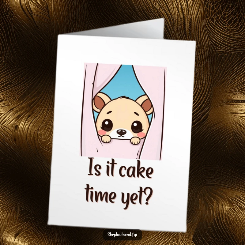 Funny Free Printable Birthday Card: Kawaii animal peeking from behind a curtain with wide, doubtful eyes, perfect for a laugh.
