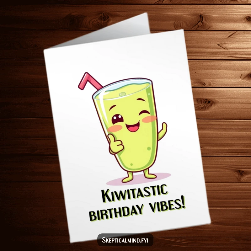 Funny Free Printable Birthday Card: A giggling kiwi smoothie character gives a big, silly thumbs-up gesture.