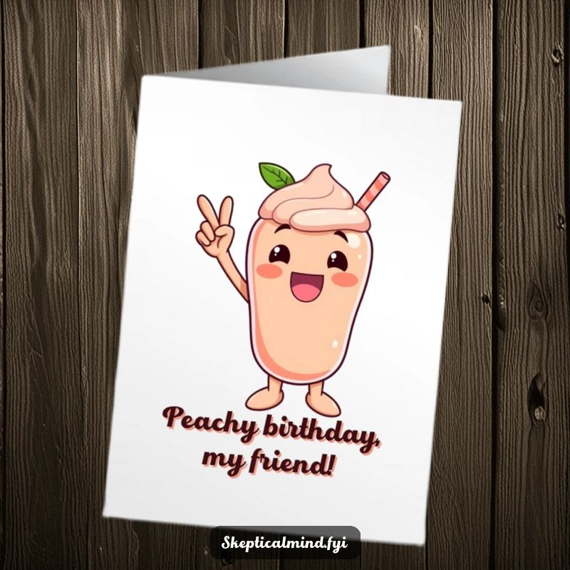 Funny Free Printable Birthday Card: An excited peach smoothie character strikes a triumphant victory pose.