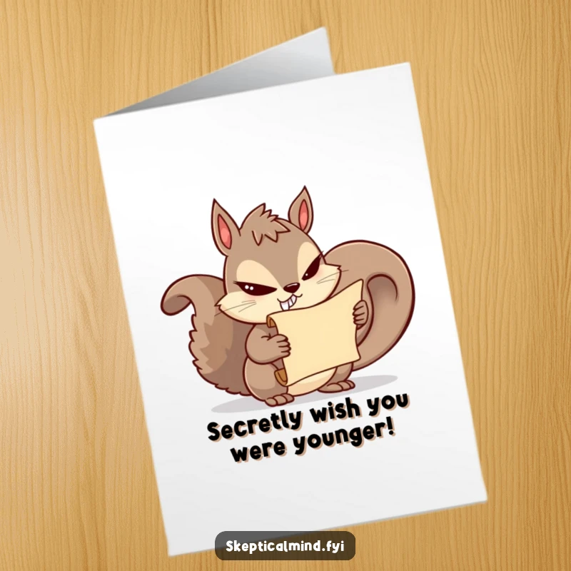 Funny Free Printable Birthday Card featuring a mischievous squirrel with a sly grin holding a secret scroll.