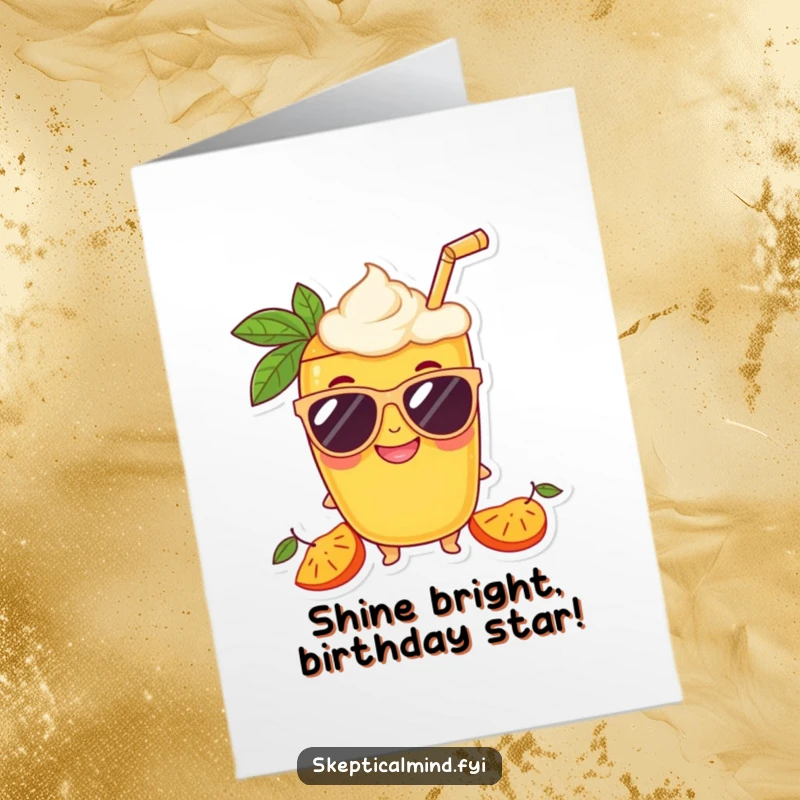 Funny Free Printable Birthday Card: Delighted mango smoothie character wearing oversized sunglasses with a huge grin, a cool downloadable greeting.