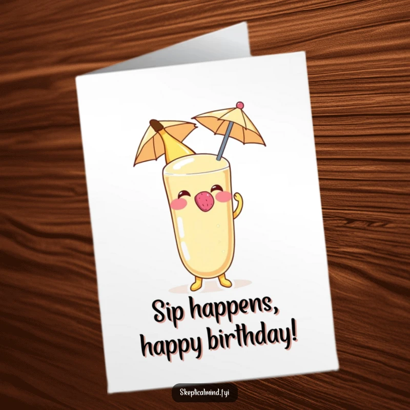 Funny Free Printable Birthday Card: Banana smoothie character cheerfully blowing raspberry on umbrella, a humorous downloadable greeting.
