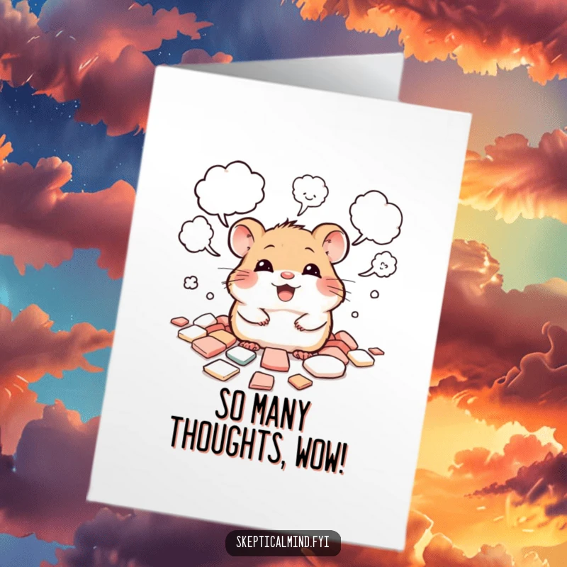 Funny Free Printable Birthday Card: A giggling hamster peeks from thought bubbles, contemplating birthday wishes.