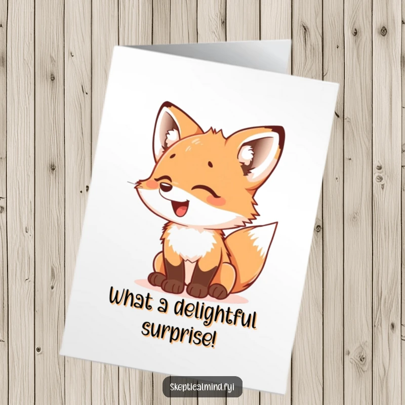 Funny Free Printable Birthday Card: A giggling fox cub staring with wide-eyed, bewildered delight at an unseen, wondrous object.