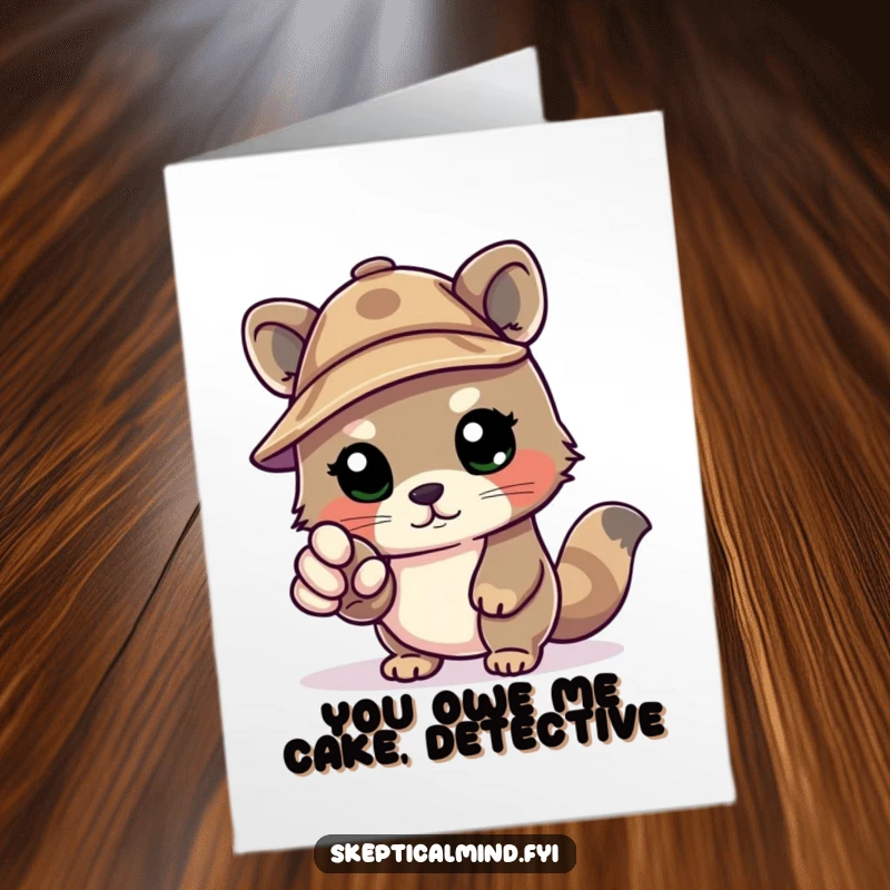 Funny Free Printable Birthday Card: Kawaii animal in deerstalker hat, pointing accusatory paw, investigating birthday crimes.