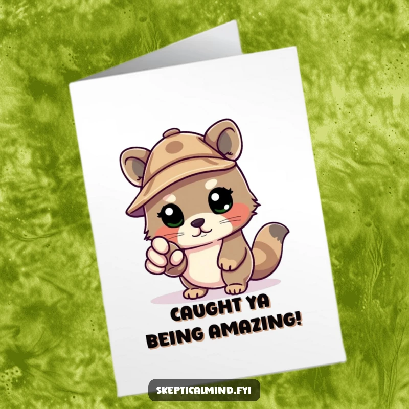 Free Printable Congratulations Card: Kawaii animal in deerstalker hat, pointing accusatory paw, celebrating a great feat.