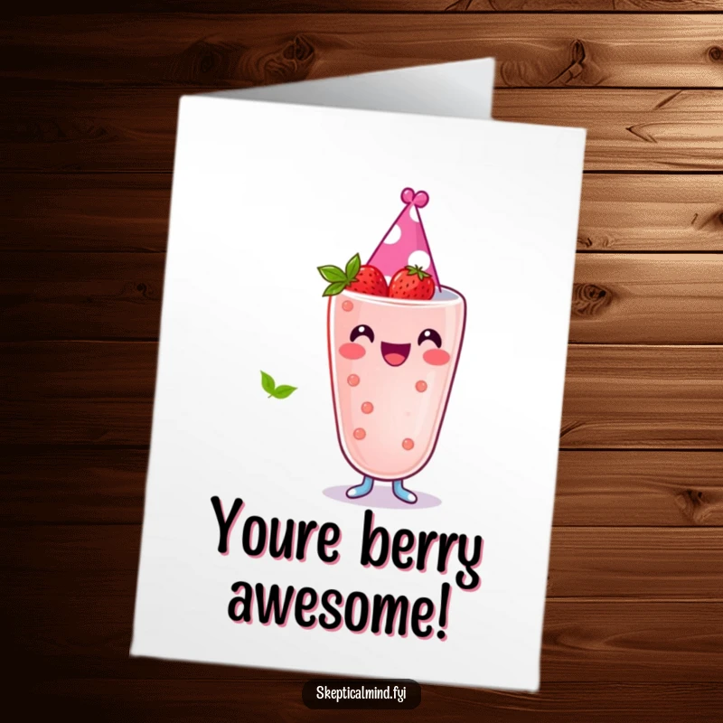 Funny Free Printable Congrats Card: A joyful berry smoothie character sports a cute, tiny party hat to celebrate.