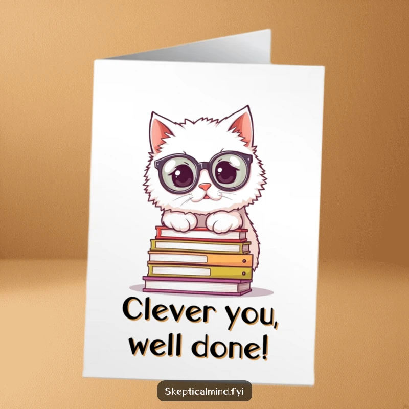 Funny Free Printable Congratulations Card: A fluffy cat with oversized glasses peering wisely over a pile of books.