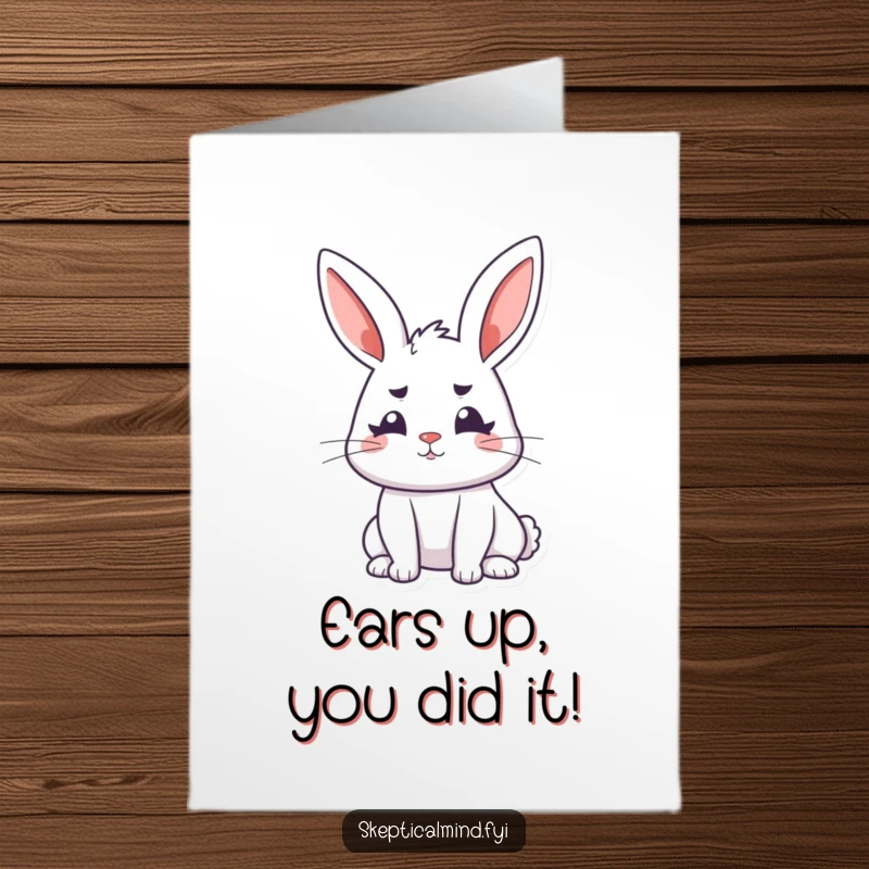 Funny Free Printable Congratulations Card: A bunny with furrowed brows looks on, questioning its own success.
