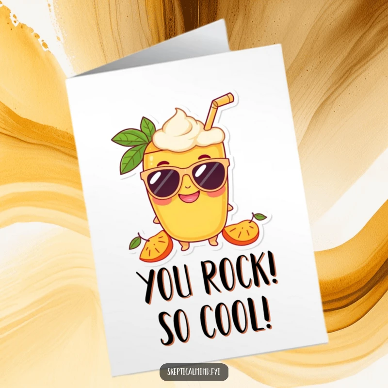 Funny Free Printable Congrats Card: Delighted mango smoothie character in oversized sunglasses with a grin, a stylish downloadable congratulations.