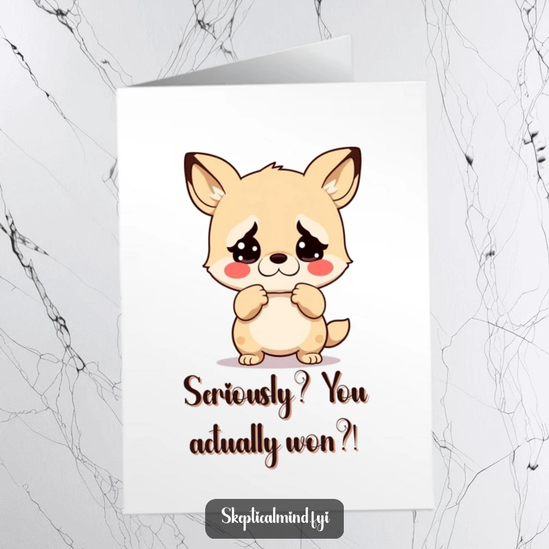 Funny Free Printable Congratulations Card: Kawaii animal shrugging with an exaggerated look of disbelief, a humorous celebratory card.