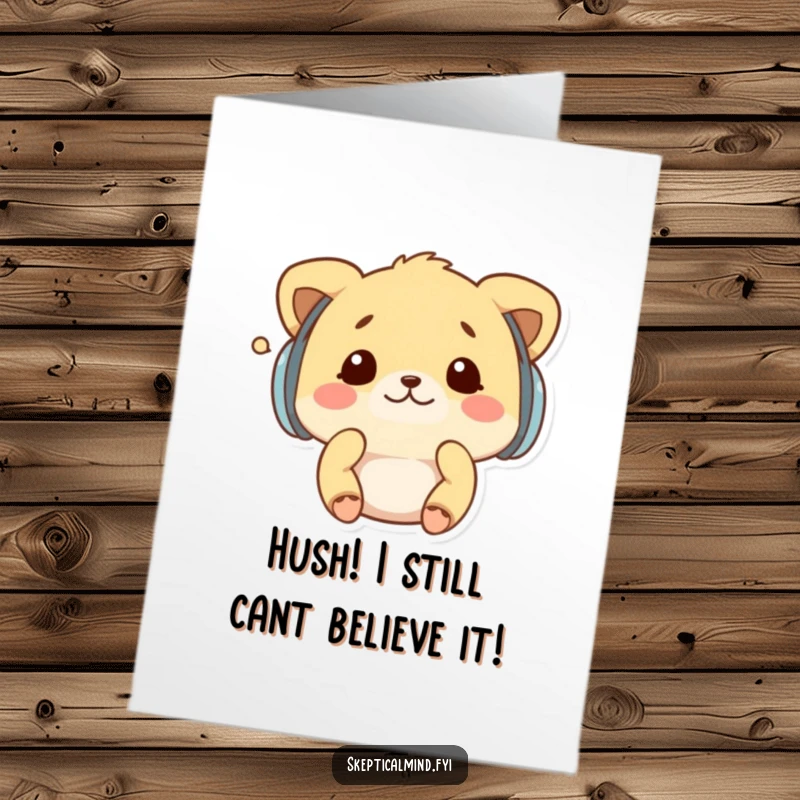 Funny Free Printable Congratulations Card: Kawaii animal wearing earmuffs, shaking head from tiny whispers, a humorous congratulatory card.