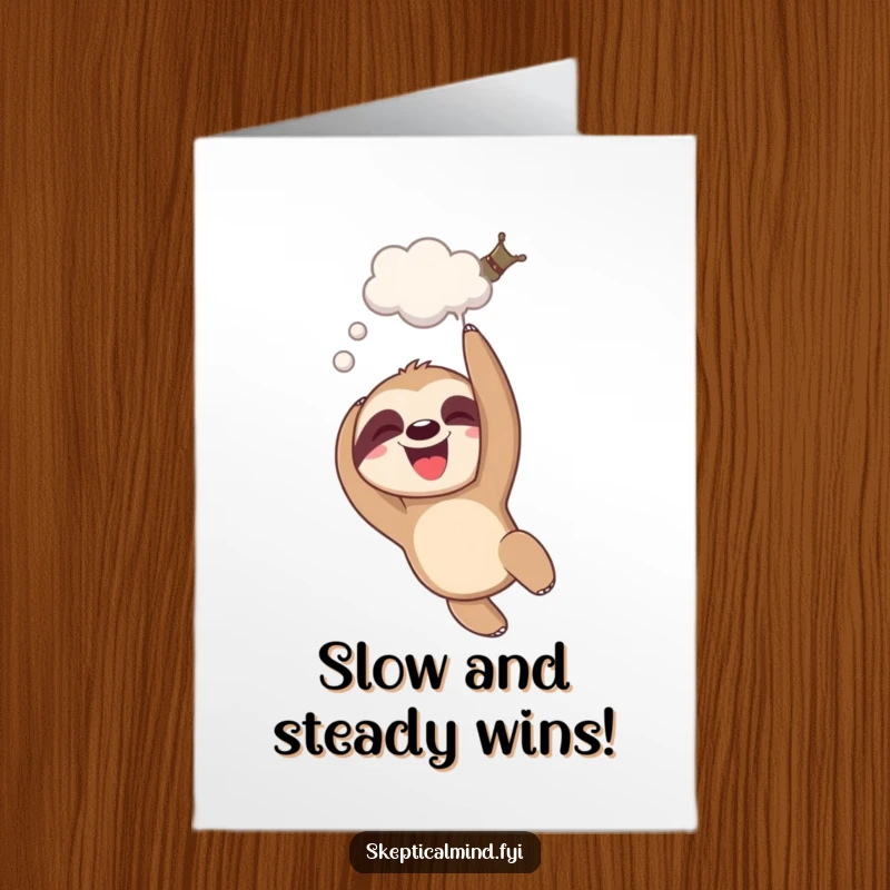 Funny Free Printable Congratulations Card: A giggling sloth hangs upside down, a thought bubble suggesting happy, slow thoughts.