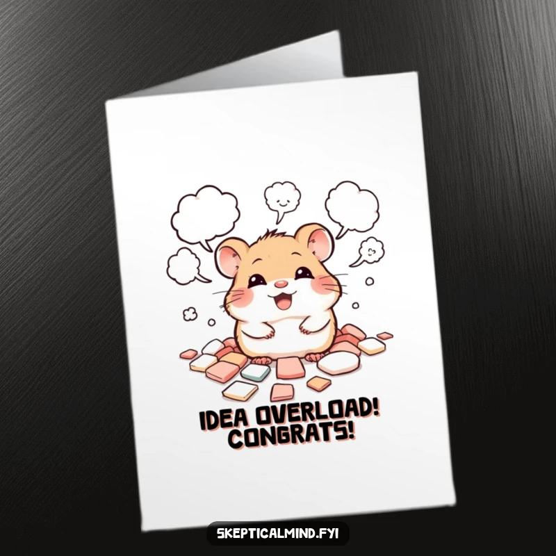 Funny Free Printable Congratulations Card: A hamster giggles, peeking from thought bubbles, brainstorming great ideas.