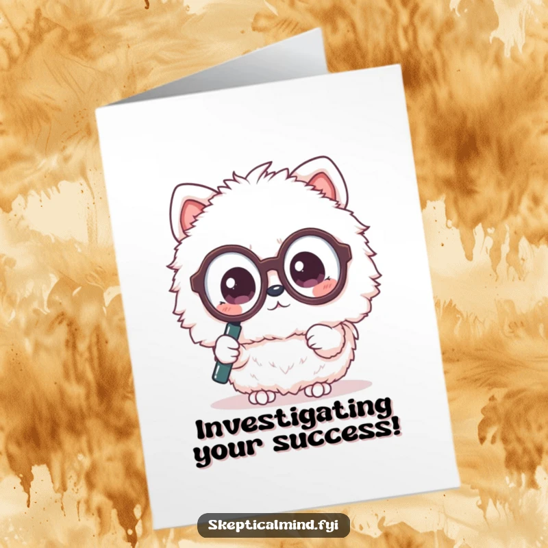 Funny Free Printable Congratulations Card: A Kawaii animal with oversized glasses examines success closely with a magnifying glass.