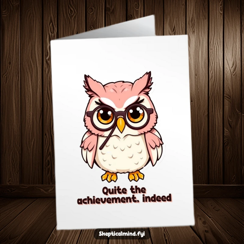 Funny Free Printable Congratulations Card: An owl in a monocle critically raising an eyebrow, signifying approval with a hint of skepticism.