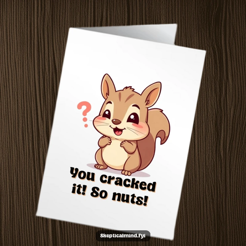 Free printable congratulations card showing a cheerful squirrel utterly perplexed by a small, enigmatic symbol of achievement.