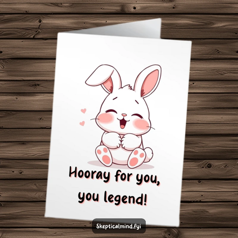 Funny Free Printable Congratulations Card: Blushing bunny giggling sweetly, ears down, adorable DIY occasion card.