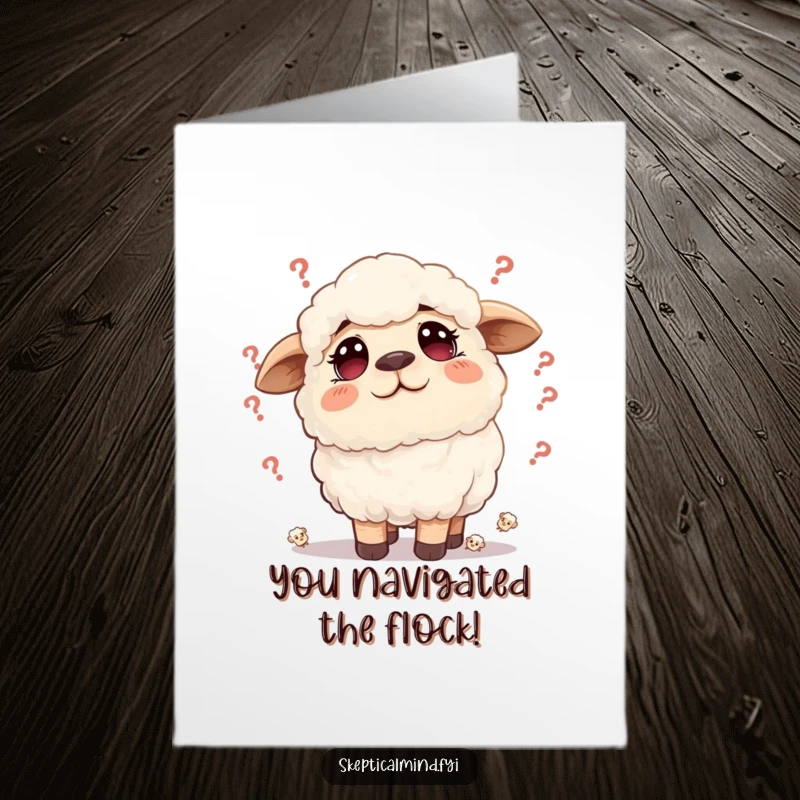 Funny Free Printable Congratulations Card featuring a fluffy sheep overcoming doubts, celebrating success.