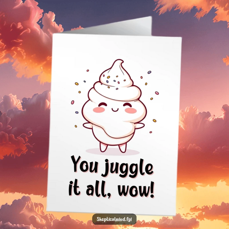 Funny Free Printable Congratulations Card: A beaming sour cream character skillfully juggles vibrant tiny sprinkles in celebration.