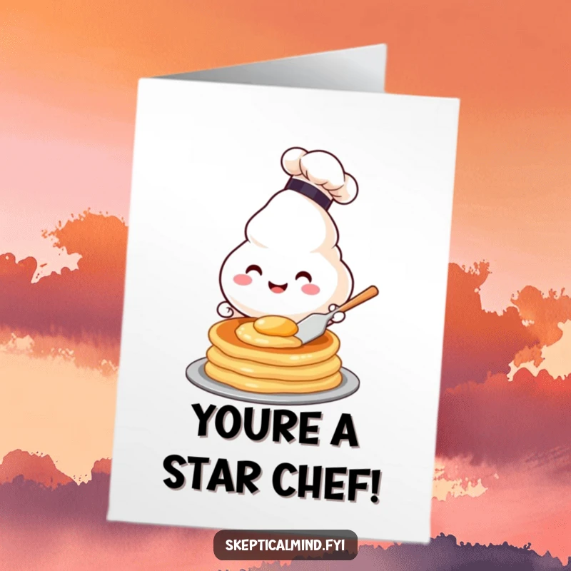 Funny Free Printable Congratulations Card: A joyous sour cream character wearing a chef hat, flipping a pancake with flair.