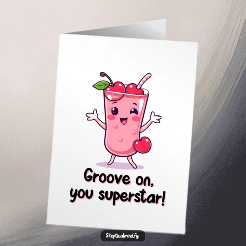 Funny Free Printable Congrats Card: Cheerful cherry smoothie character doing a playful dance, a joyful and downloadable greeting.