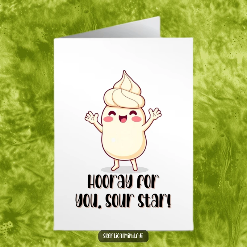 Funny Free Printable Congratulations Card: A sour cream character dances joyfully, its tiny arms waving in a celebratory rhythm.