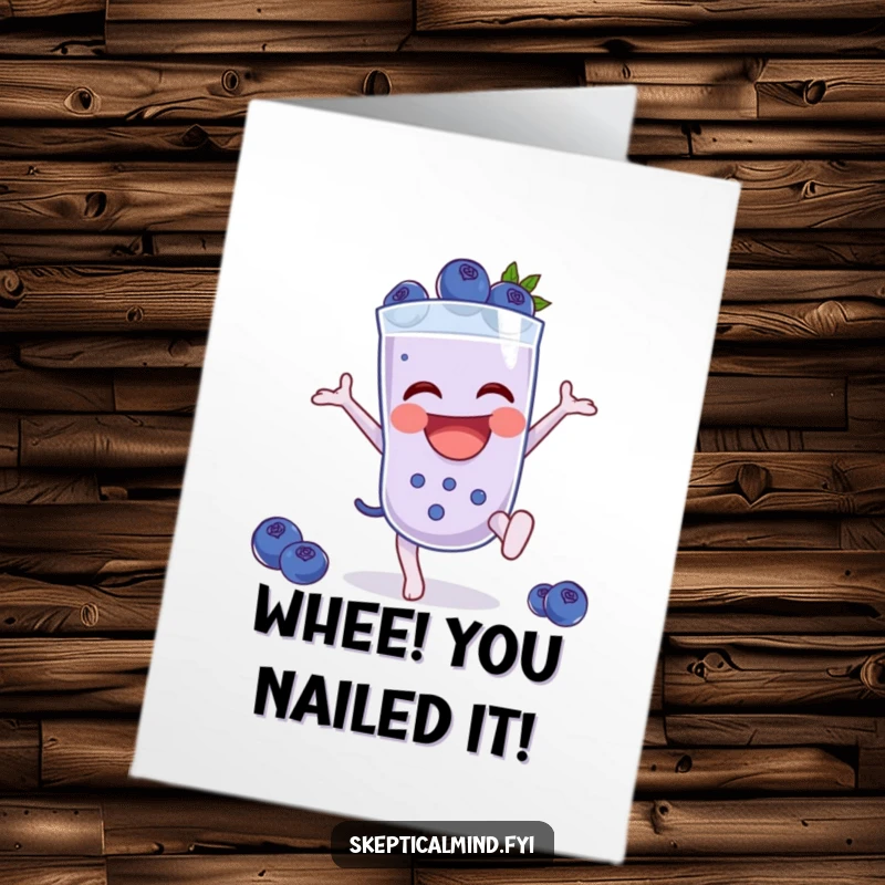 Funny Free Printable Congrats Card: Laughing blueberry smoothie character performing a cartwheel, a jubilant and downloadable greeting.