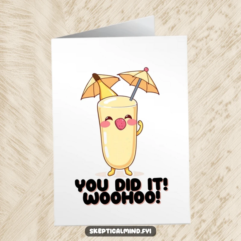 Funny Free Printable Congrats Card: Banana smoothie character blowing raspberry on umbrella, a cheeky downloadable greeting for any win.