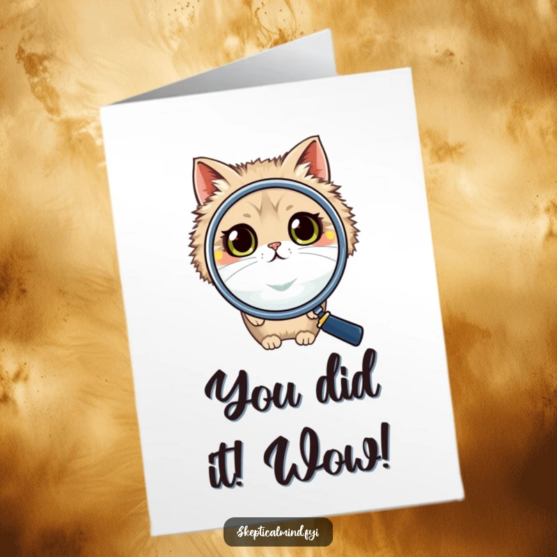 Funny Free Printable Congrats Card: Cat with big eyes uses a magnifying glass to find reasons to celebrate, a hilarious download.