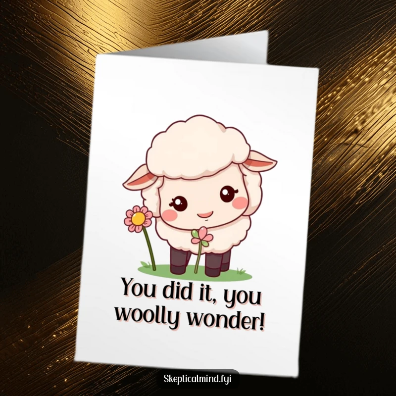 Funny Free Printable Congratulations Card: A sheep with a curious face sniffs a flower, ideal for a humorous DIY greeting.